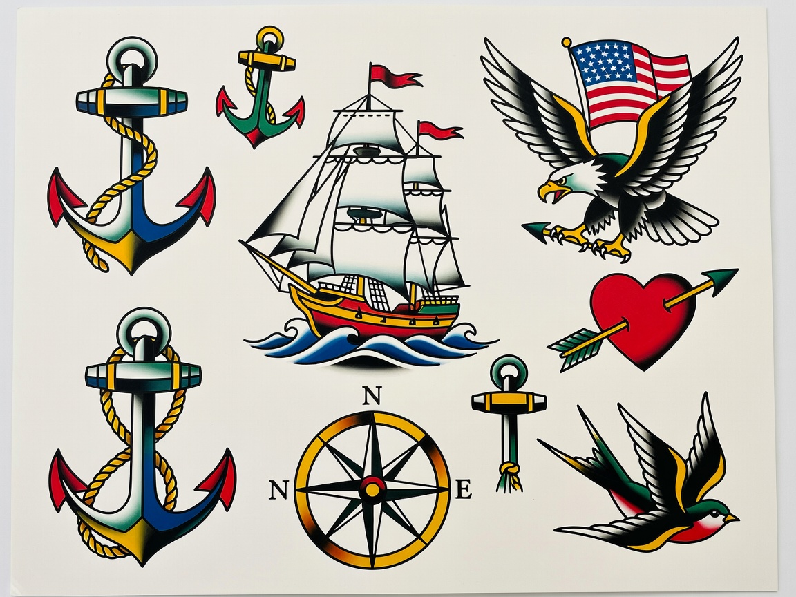 American Traditional Sailor Tattoo Flash Style with Eagle and Anchor Motifs
