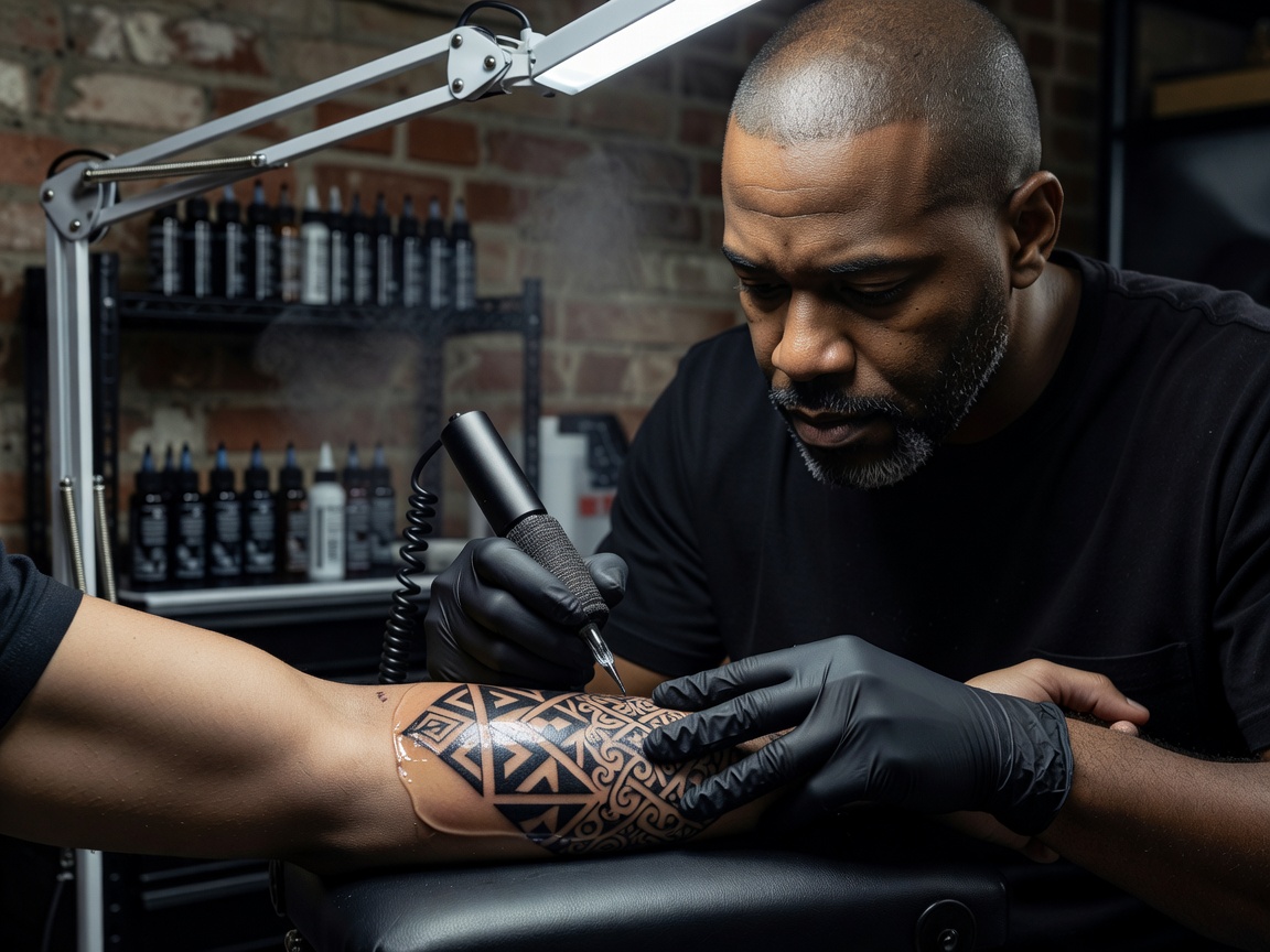 Detailed Blackwork Tattoo Artist at Work